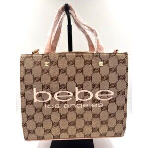 Bebe Monogram Brown and Blush Talulla Satchel Tote with Crossbody Strap NWT
